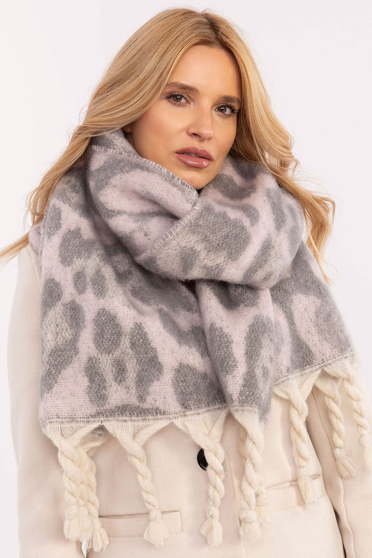 Elegant 214 cm polyester shawl scarf with animal motif and decorative fringes by AT, perfect for adding a stylish touch to your winter outfit.