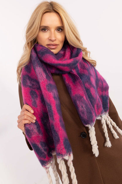 Dramatic shot of the 214 cm polyester shawl scarf by AT, highlighting its elegant fringes and sophisticated animal motif, ideal for enhancing winter ensembles.