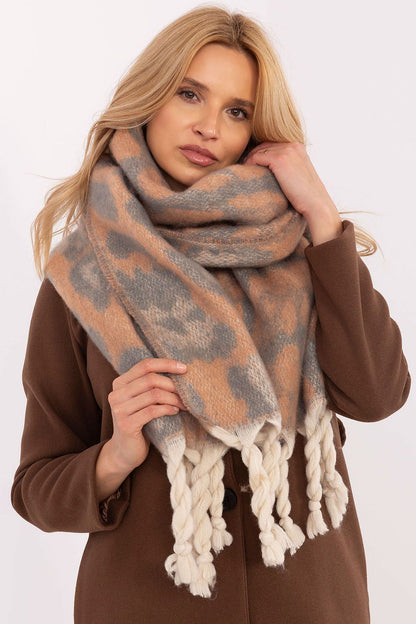 Elegant AT 214 cm polyester shawl scarf showcasing a chic animal design with decorative fringes, ideal for adding sophistication to cold weather outfits.