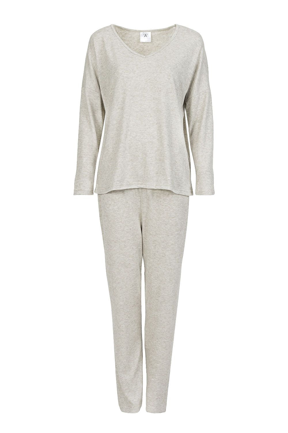 Elegant Women's Two-Piece Pajamas Set by Momenti Per Me featuring a long sleeve V-neck blouse and slim leg pants in soft fabric, ideal for stylish homewear and comfortable lounging.