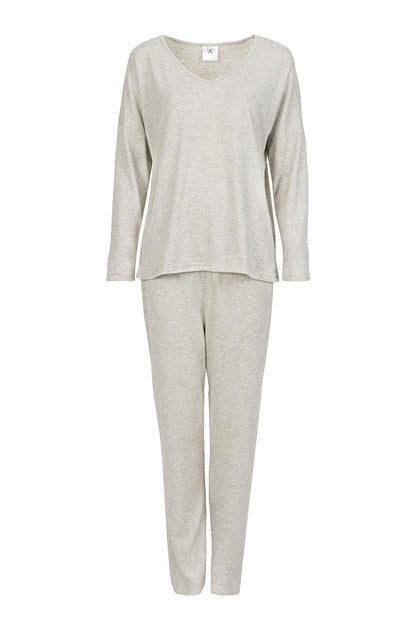 Elegant Women's Two-Piece Pajamas Set by Momenti Per Me featuring a long sleeve V-neck blouse and slim leg pants in soft fabric, ideal for stylish homewear and comfortable lounging.