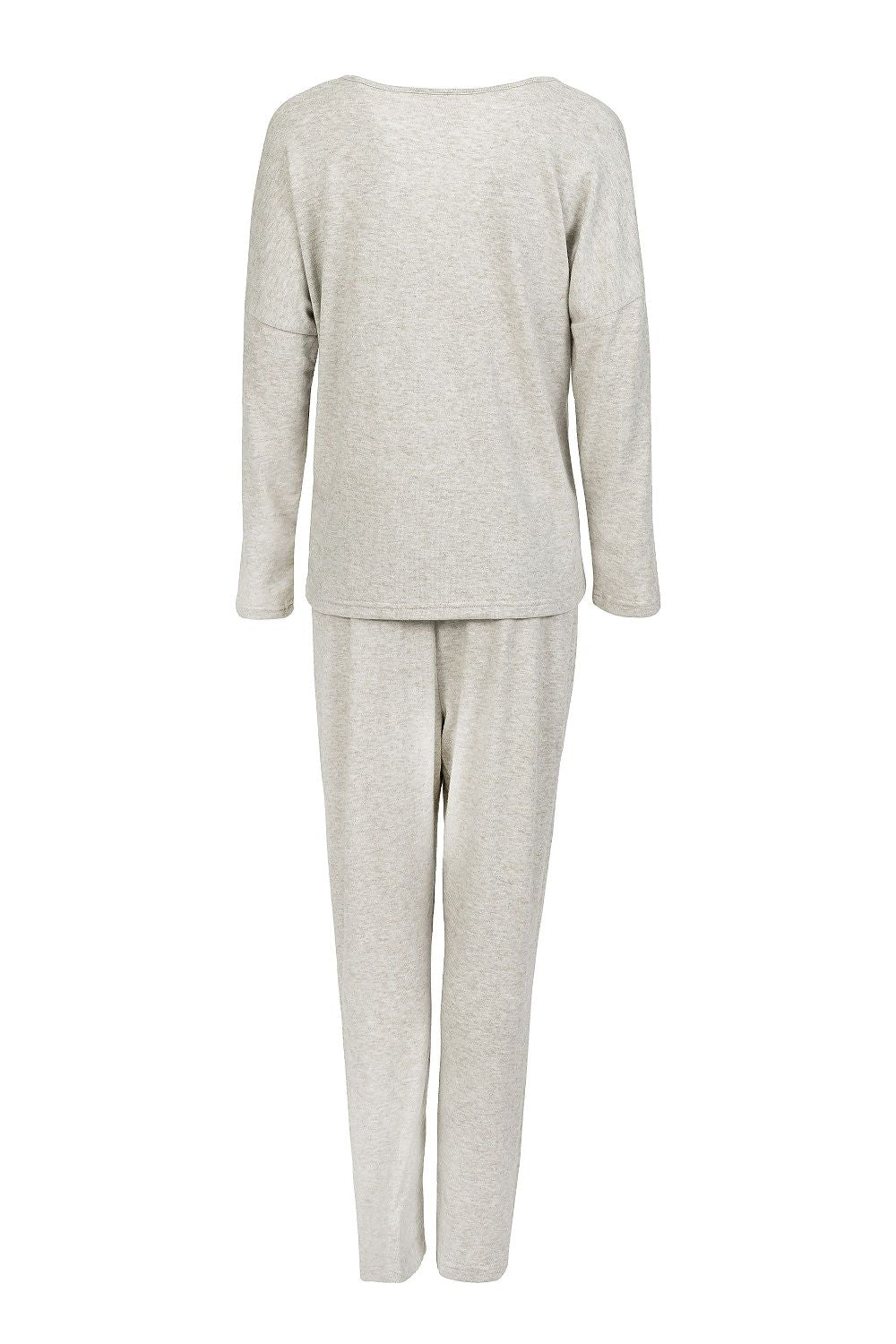 Elegant women's two-piece pajamas set by Momenti Per Me featuring a long sleeve V-neck blouse and slim leg pants, perfect for stylish homewear in sizes S-XXL.