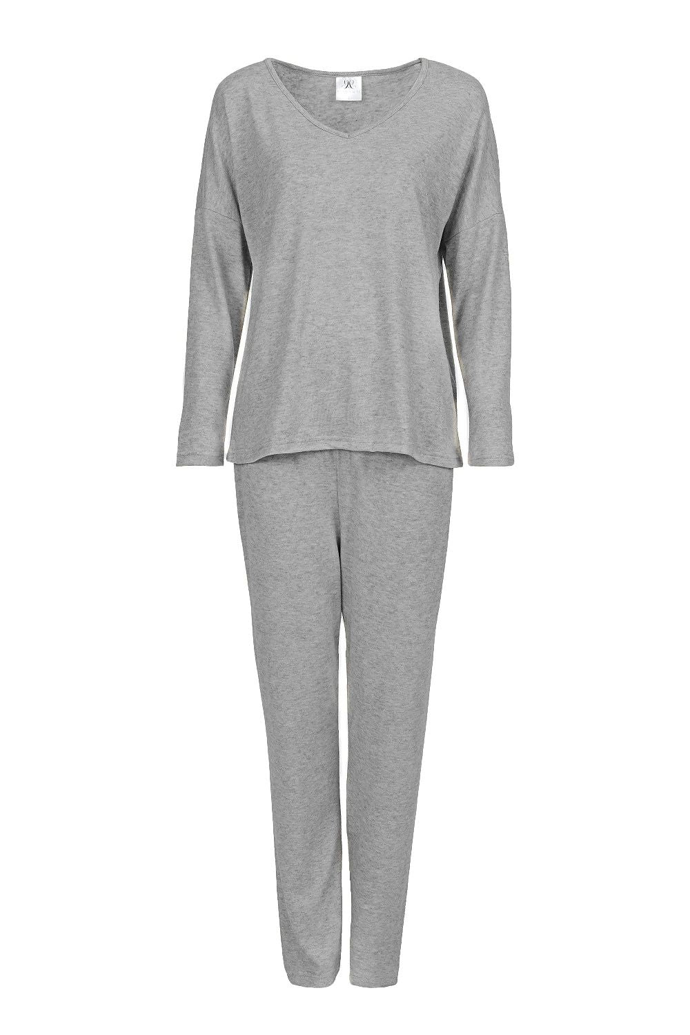 Luxury Women's Two-Piece Pajamas Set by Momenti Per Me featuring an elegant long-sleeved V-neck top and slim-fit pants in soft fabric, available in sizes S-XXL for ultimate comfort and style.