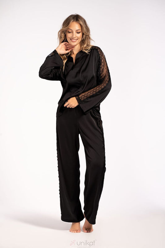 Elegant Colette black long-sleeved pyjamas set for women by Unikat, featuring a comfortable and sensual design with sheer inserts, available in sizes S, M, L, and XL.