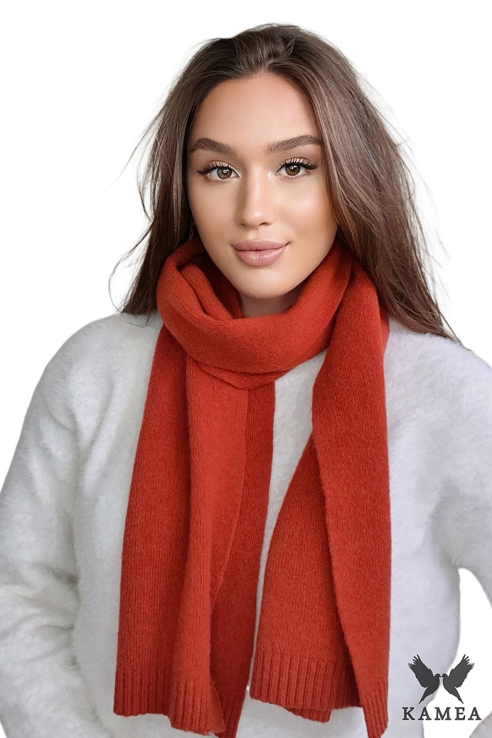 Luxury Salmon Wool Scarf by Kamea, an elegant women's autumn-winter wrap featuring high-quality woolen yarn for warmth and style.
