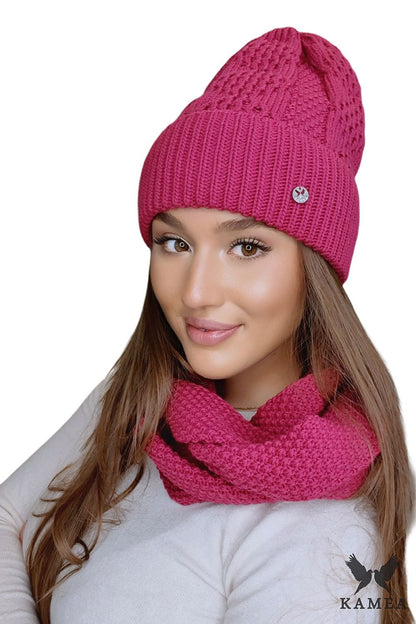 Kamea Women's Fuchsia Infinity Snood Scarf, a luxurious and soft accessory for autumn-winter, showcasing intricate weaves and elegant design.