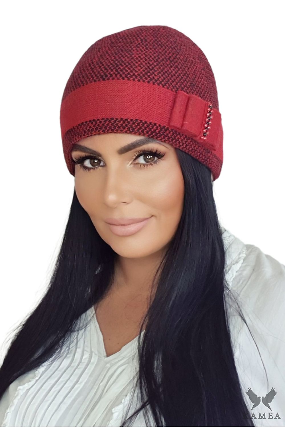 Kamea Megan Red Women's Hat featuring an elegant houndstooth pattern and warm lining, perfect for chilly weather fashion.