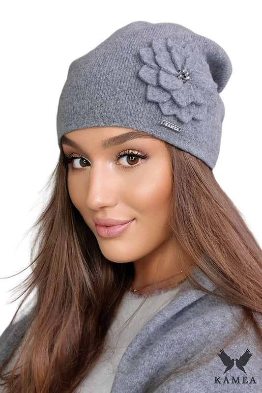 Luxury Silver Women's Beanie Hat by Kamea - Cozy and stylish, made of 80% wool, perfect for autumn and winter fashion.