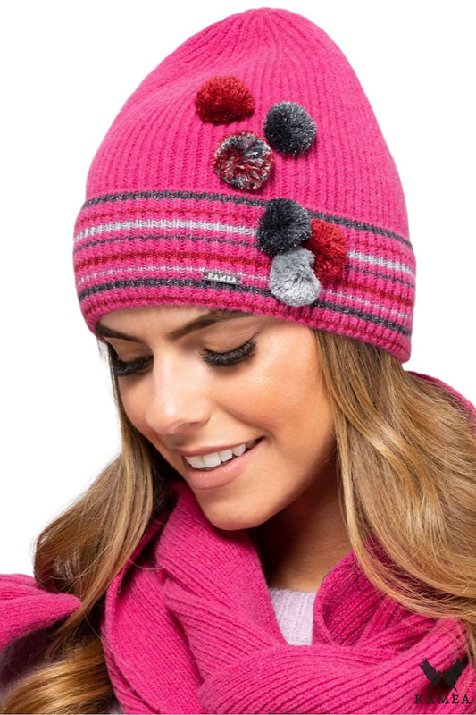 Kamea Colorado Winter Set for Girls featuring a luxurious raspberry wool hat and scarf, designed for warmth and style on cold days, with charming pom-pom detailing and high-quality craftsmanship, perfect for a young girl's winter wardrobe.
