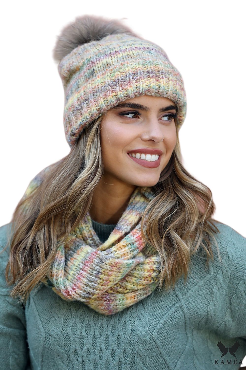Elegant Luxury Kamea Gaja Hat and Snood Set in Yellow, showcasing high-quality materials and stylish design, perfect for winter warmth.