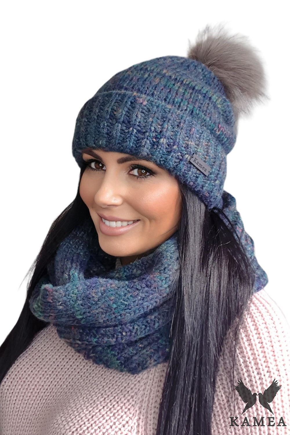 Luxury Kamea Gaja Hat in yellow, elegant winter accessory with fluffy pompom, perfect for cold days.