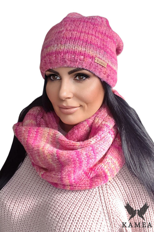 Kamea luxurious KALI Amaranth Hat and Snood Set featuring a soft fleece lining and unique design, perfect for cold autumn and winter days.