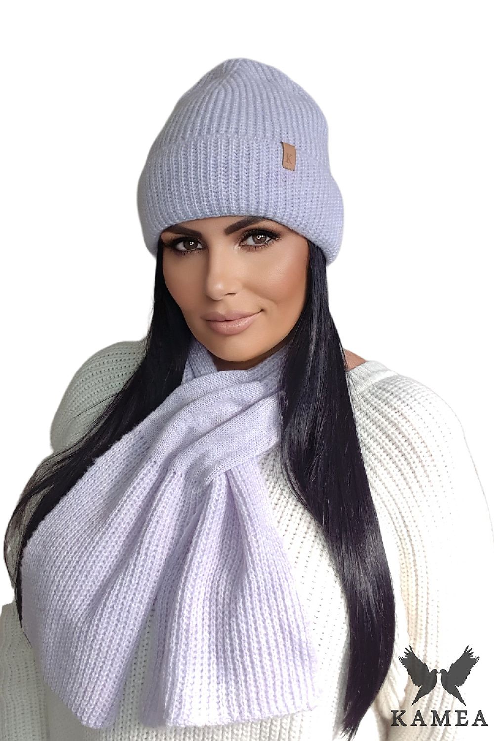 Kamea Chloe Hat & Scarf Set in elegant light heather, showcasing high-quality craftsmanship and soft yarn, perfect for winter style.
