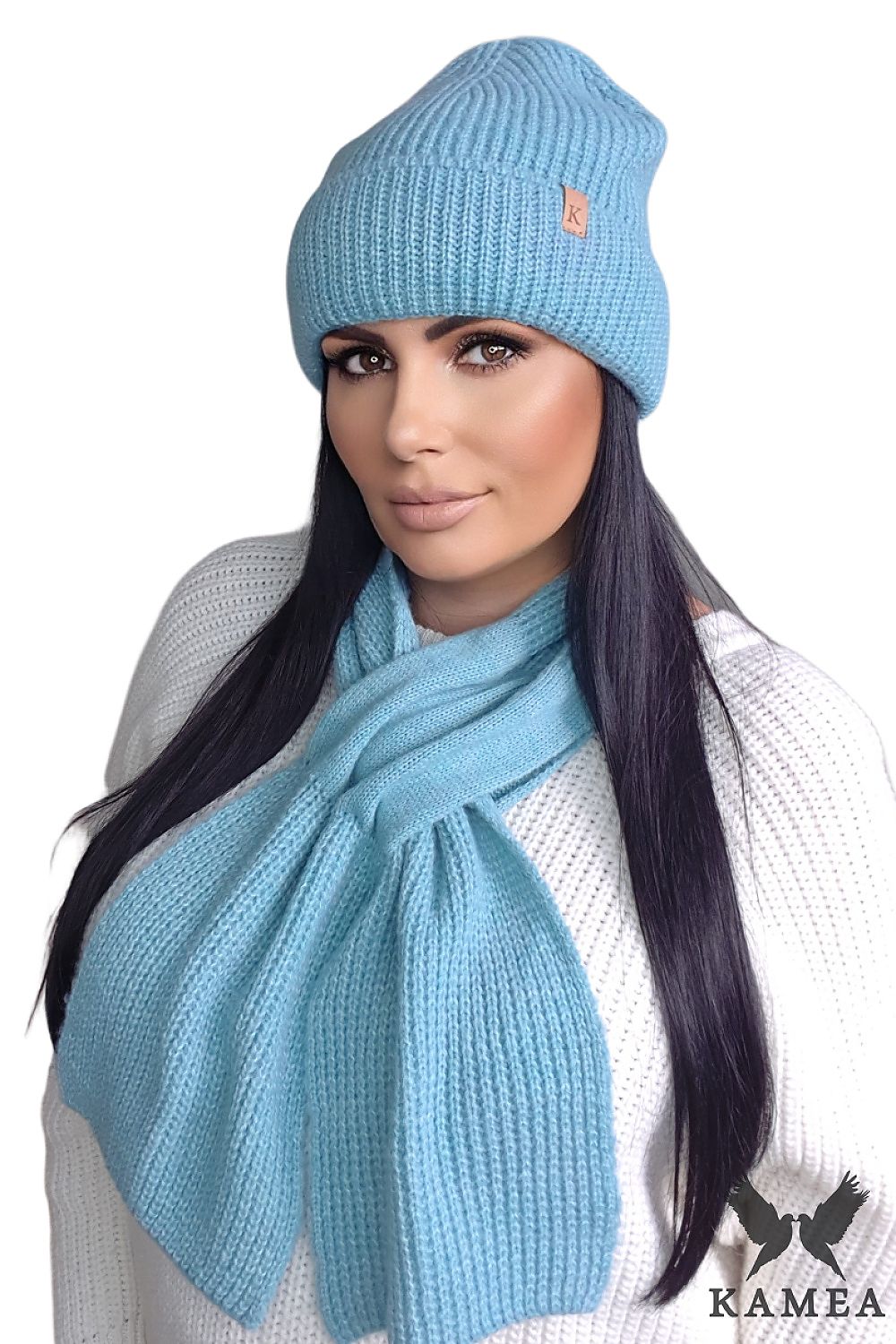 Close-up of Kamea Chloe Hat, featuring a wide cuff and a branded leather logo, exuding sophistication for winter elegance.