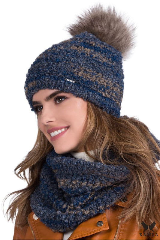 Luxury Manta Navy Blue Hat and Neck Warmer Set featuring eco-friendly pompom, crafted with mohair wool and polar fleece lining for ultimate warmth and comfort, designed by Kamea.