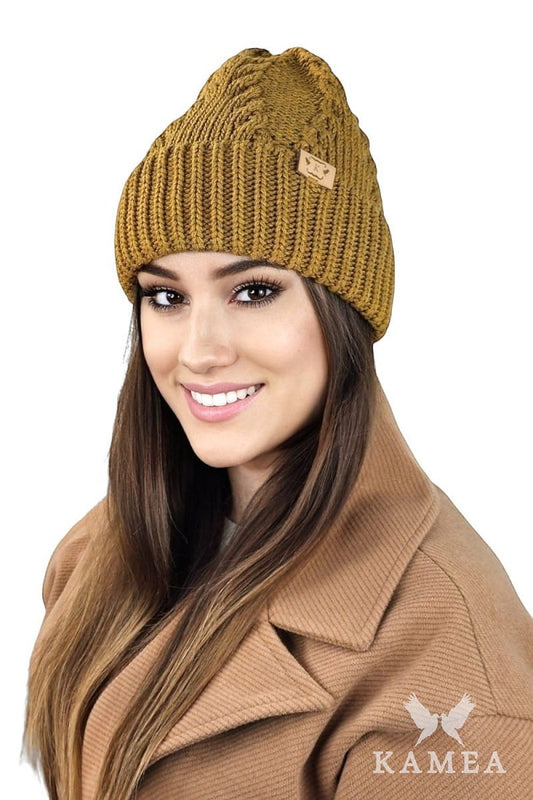 Luxury mustard winter hat STELLA by Kamea featuring exquisite thick weaves and elegant design, perfect for stylish autumn and winter fashion.