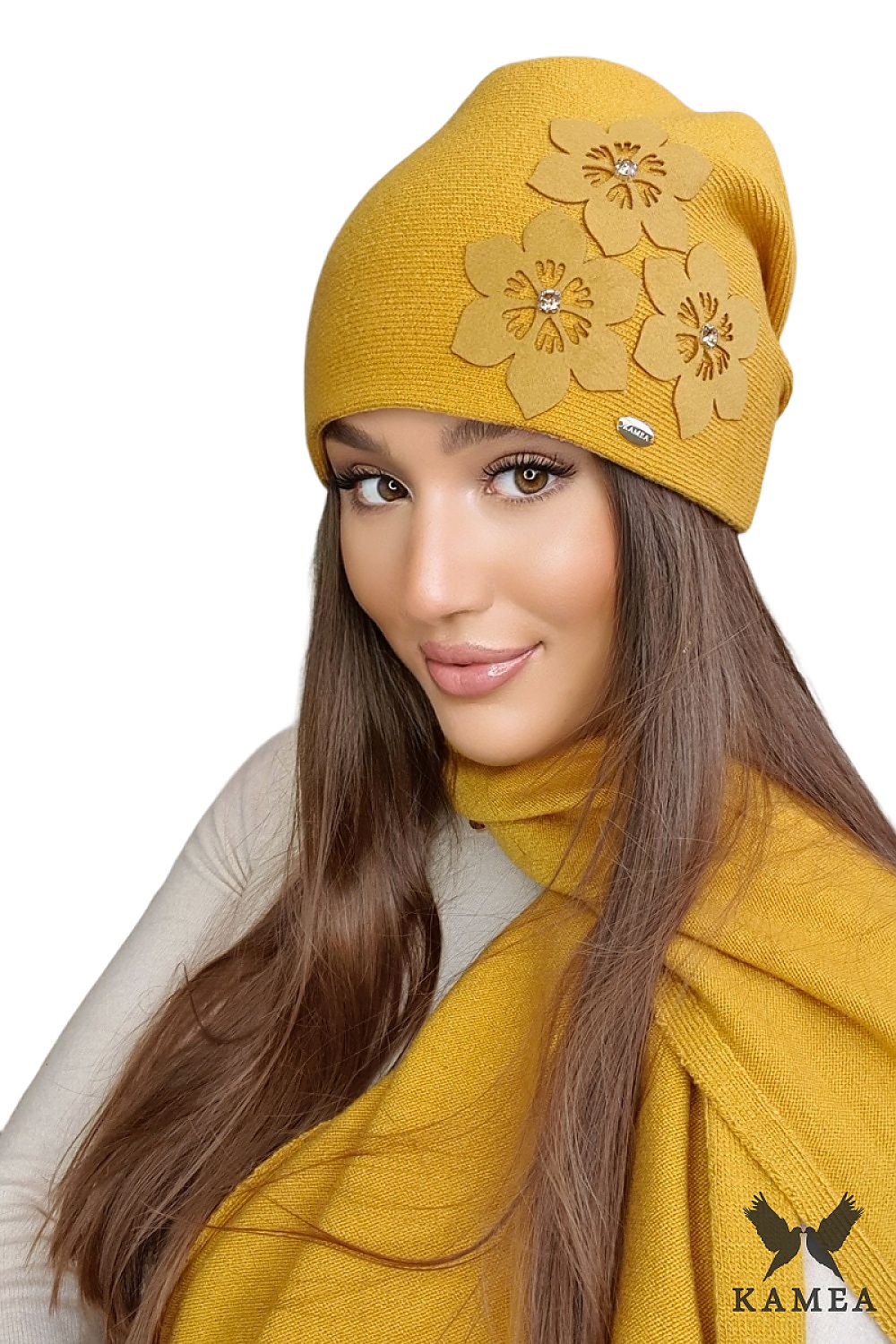 Elegant Premium Women's Honey Hat by Kamea featuring delicate floral design, crafted from a soft viscose blend, perfect for stylish winter wear.