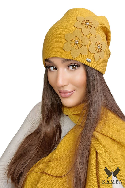 Elegant Premium Women's Honey Hat by Kamea featuring delicate floral design, crafted from a soft viscose blend, perfect for stylish winter wear.