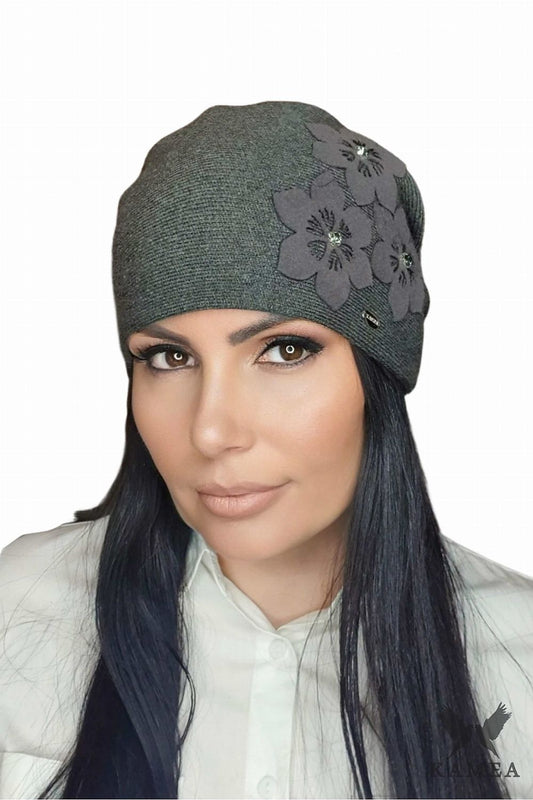 Luxurious Kamea Honey Hat for women, showcasing a beautiful floral application, designed for warmth and comfort during colder days.