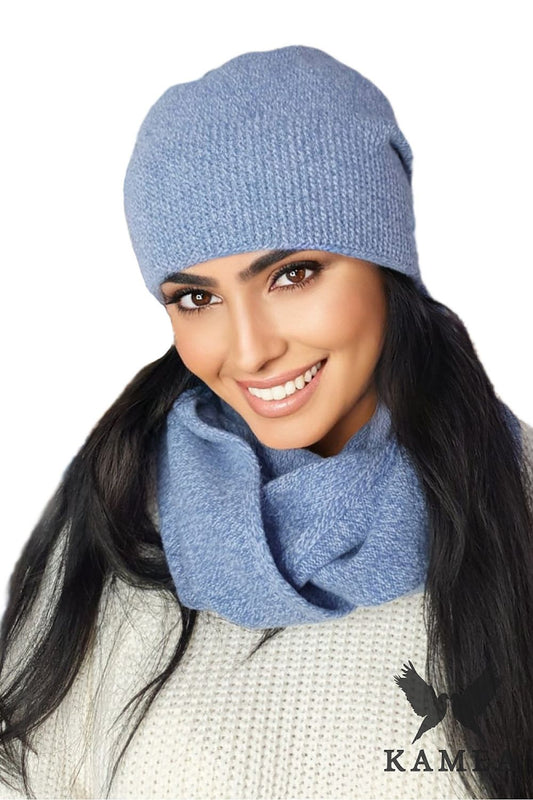 Premium women's winter set by Kamea featuring a luxurious soft wool hat and neck warmer, elegantly designed for ultimate comfort and warmth during cold days.