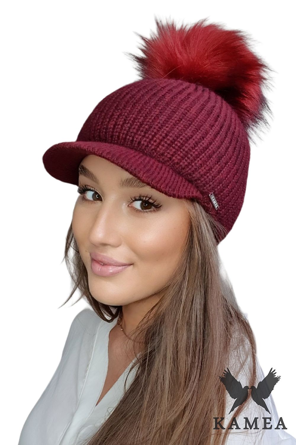 Elegant burgundy winter women's hat by Kamea featuring luxurious mohair fabric and a fluffy pompon.