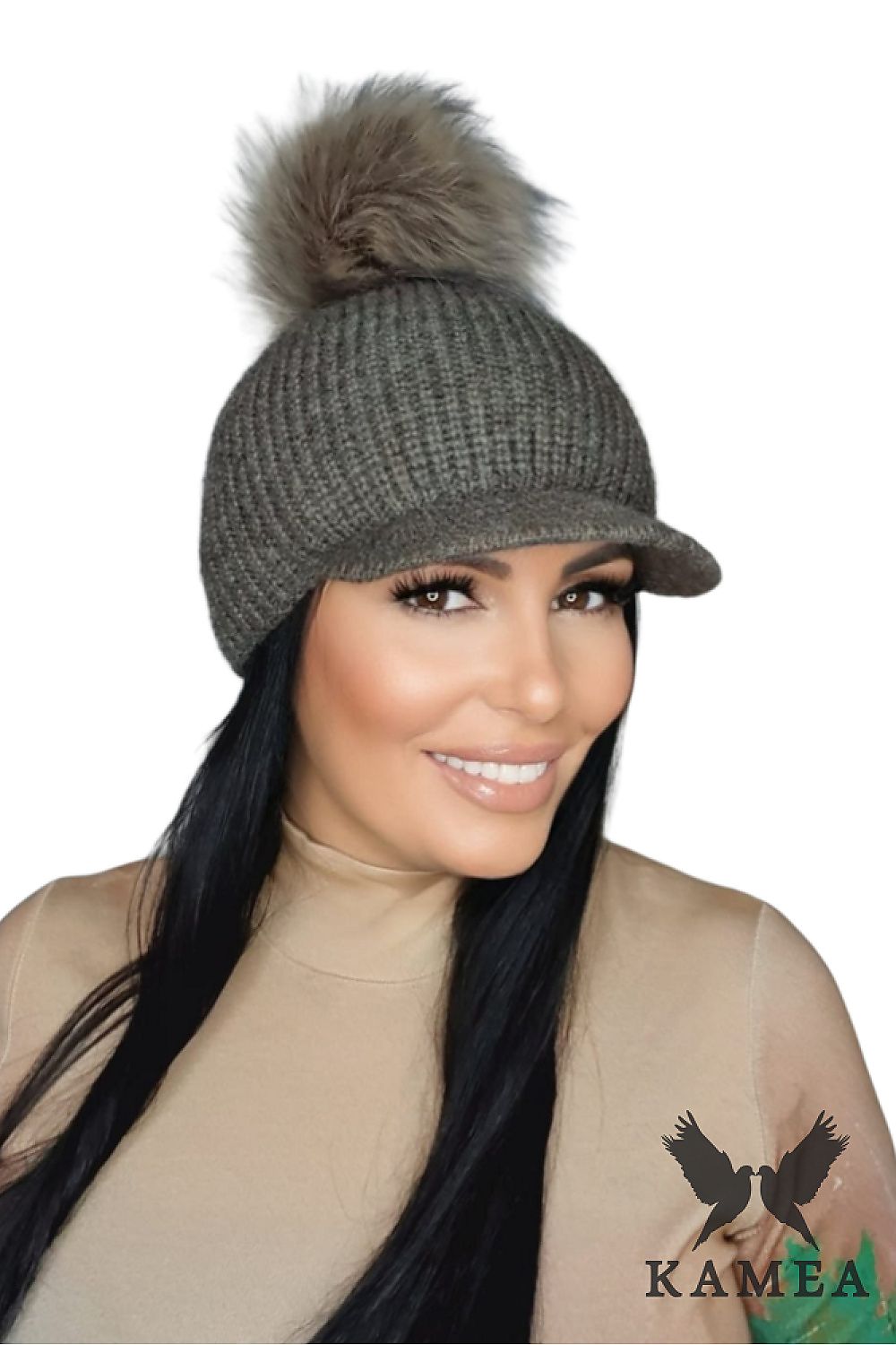 Premium quality burgundy Kamea winter hat with a stylish visor and natural fluffy pompon for added charm.