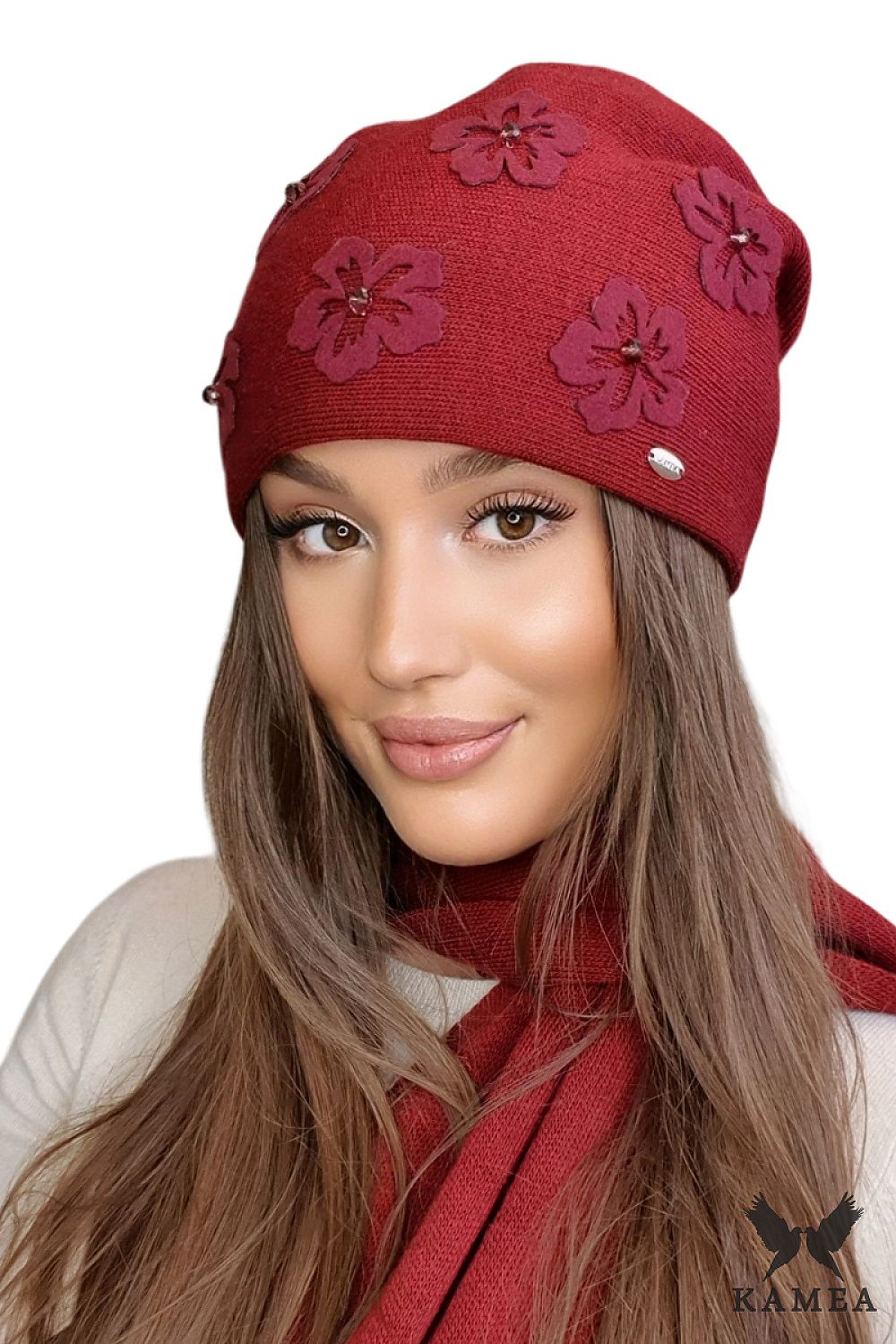 Elegant Kamea women's mustard hat Naila featuring exquisite floral detail and sparkling silver zircons.