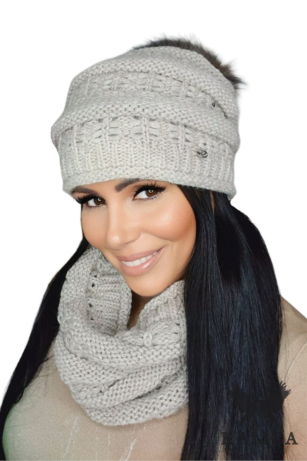 Elegant presentation of Kamea's Liana Women's Winter Hat in heather colour, demonstrating the fine craftsmanship and warmth for luxury winter styling.