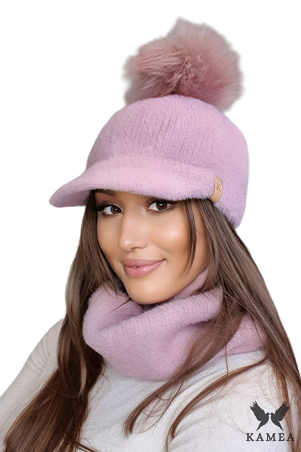 Premium Koryna Women's Cap in Dark Pink by Kamea – Luxurious Winter Accessory with Visor and Pompom, crafted from 100% soft Polyamide.