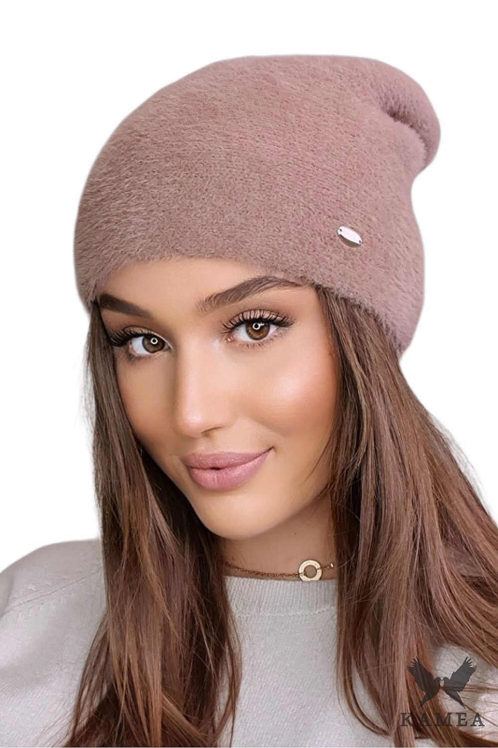 Elegant Premium Kamea Irida Orchid Winter Hat made of 100% Polyamide, showcasing its luxurious design with a delicate silver logo.