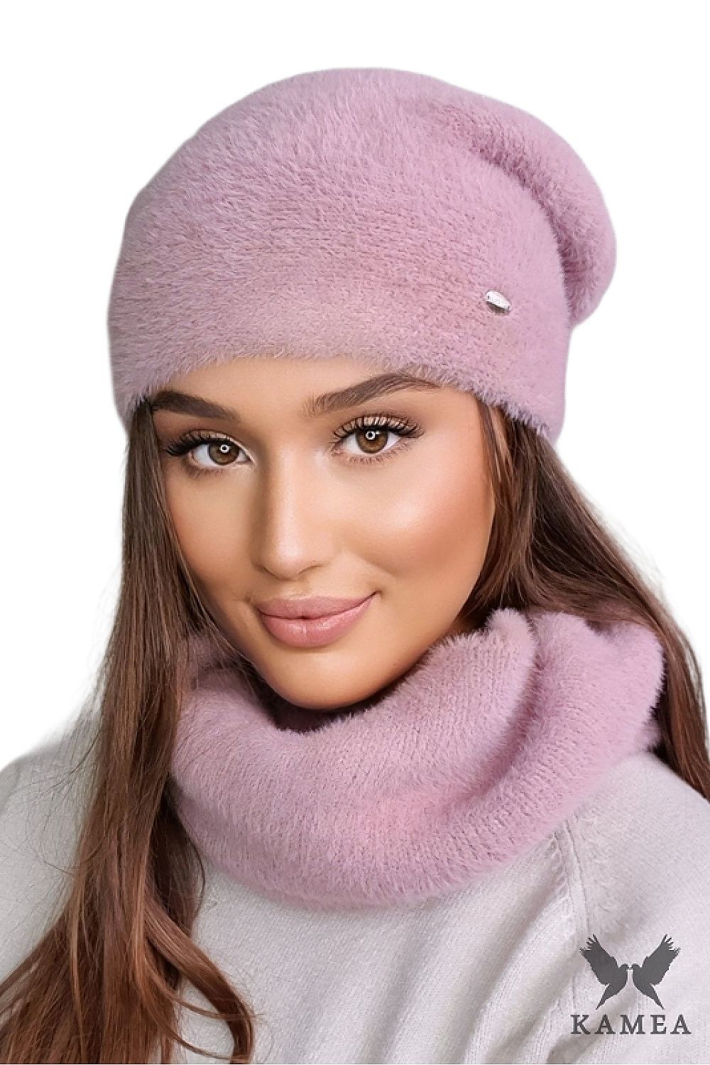 Kamea Irida Orchid Winter Hat styled elegantly, perfect for winter wear, featuring a graceful shape and luxurious silver branding for added sophistication.