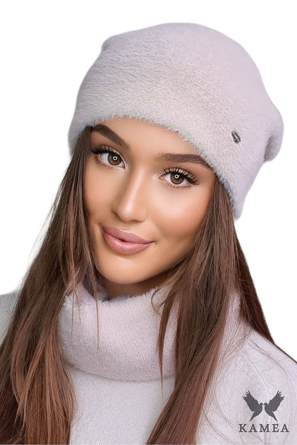 The elegant Kamea Irida Orchid Winter Hat styled on a model, demonstrating its perfect fit and stylish silhouette for winter chic.