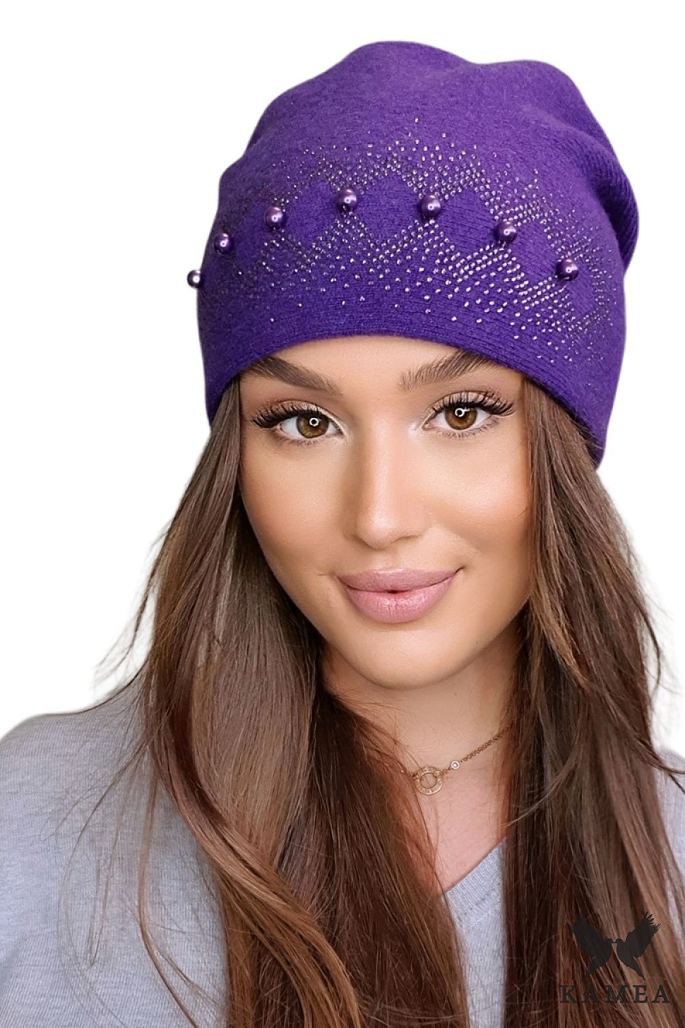 Luxurious IMAN women's purple wool winter hat adorned with sequins and pearls, showcasing exquisite craftsmanship from Kamea in Poland.