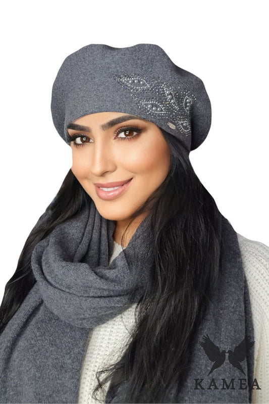 Elegant women's wool beret in raspberry, featuring exquisite pearl and jet bead detailing, designed by Kamea for a sophisticated winter look.