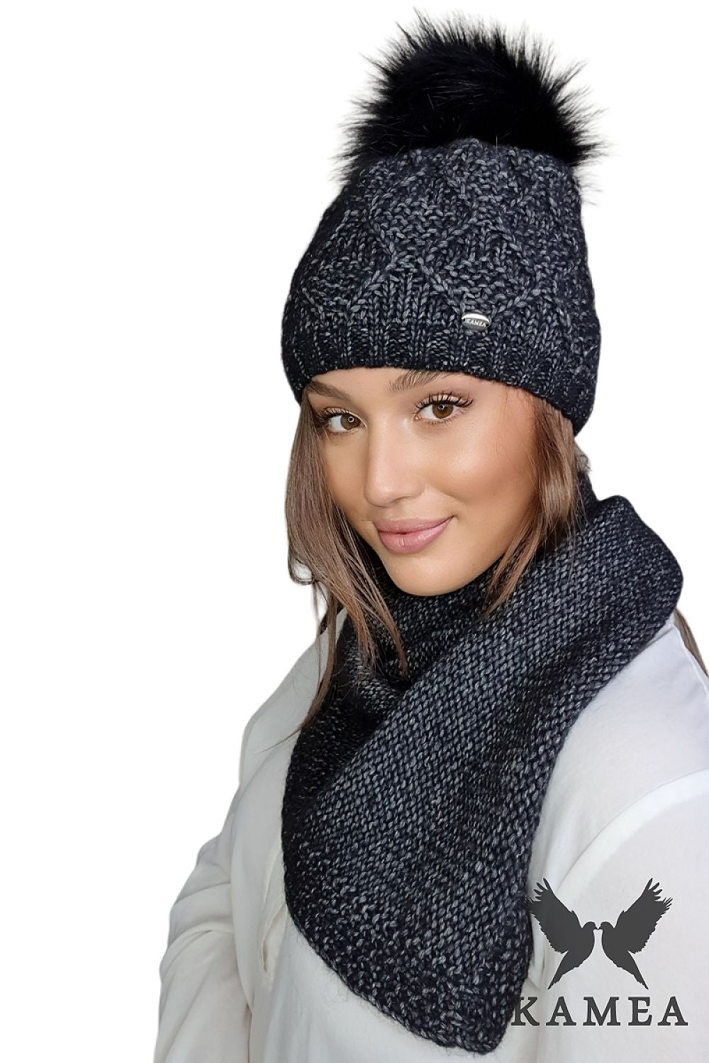 Luxurious Kamea Women's Merino Wool Winter Set in Black Multi-Color, showcasing premium warmth and elegance for the autumn-winter season.