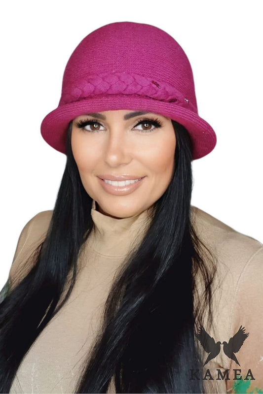 Luxury fuchsia women's hat by Kamea, featuring an elegant braid and bead detail, perfect for adding sophistication to any outfit.