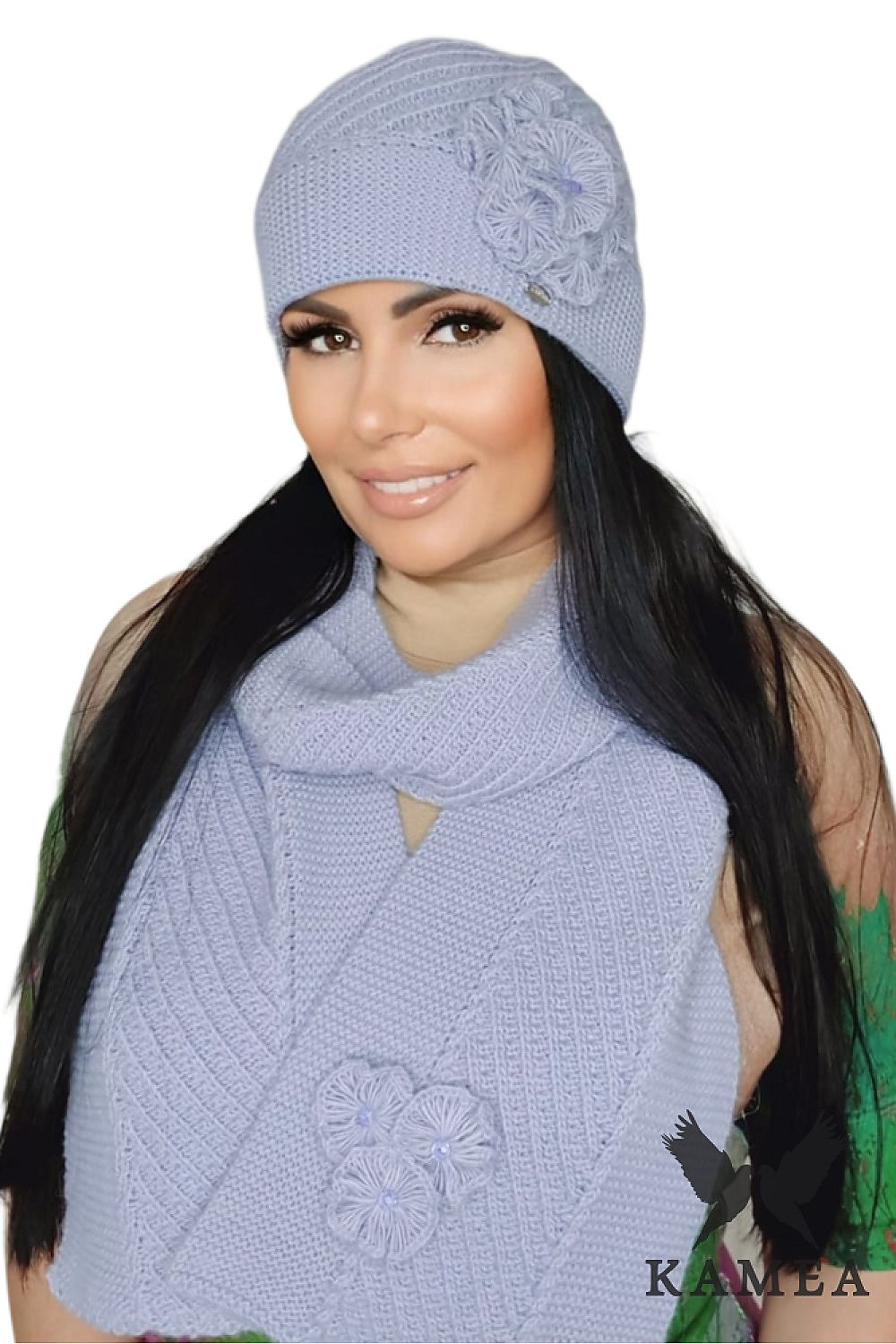 Elegant blue scarf from the Emma Complete Women's Winter Set by Kamea, made with high-quality alpaca wool detail for ultimate warmth.