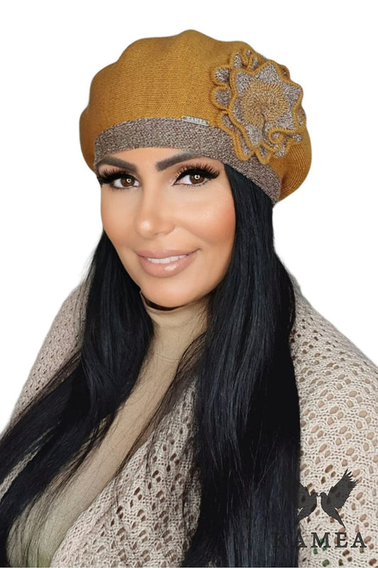 Luxurious Elicia mustard beret by Kamea featuring elegant floral application, crafted from a premium wool-acrylic blend for stylish autumn-winter wear.