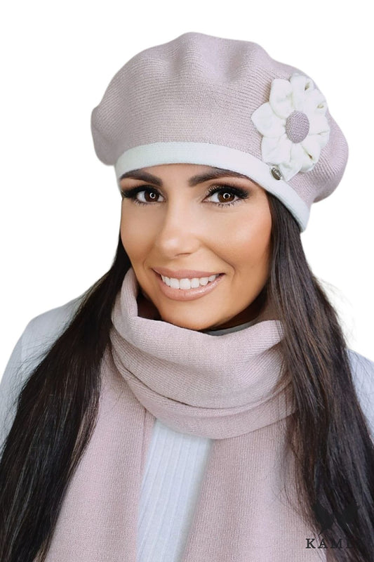 Elegant Premium Dahlia Pink Women's Beret by Kamea featuring a stunning flower embellishment, crafted from high-quality soft viscose yarn for warmth and comfort.