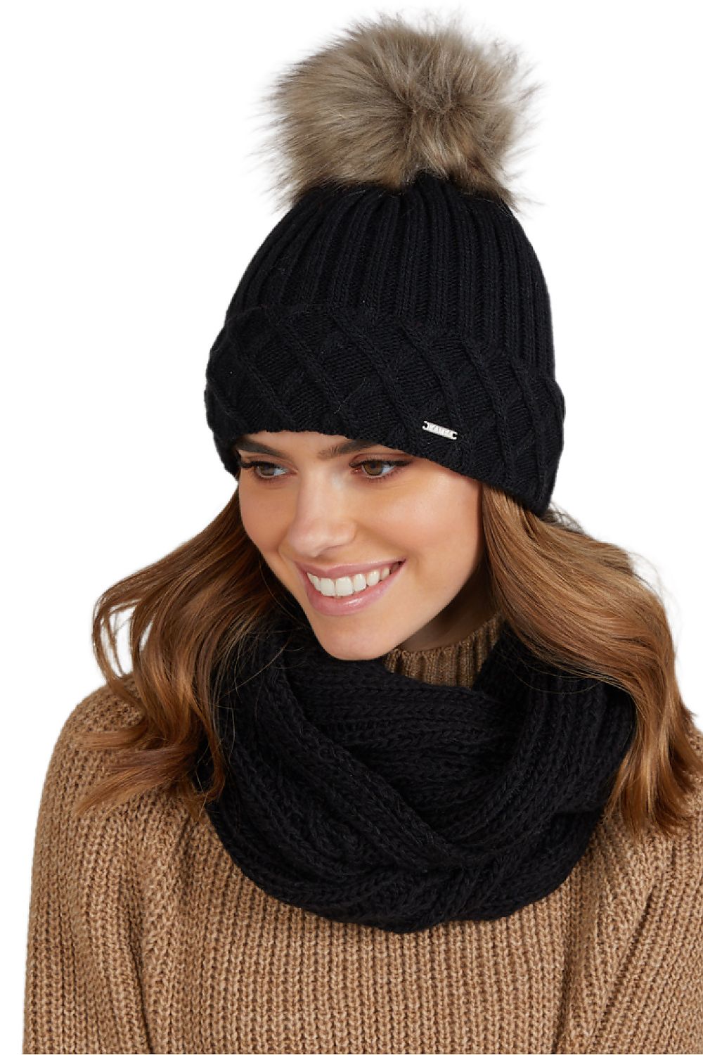 Premium women's Messina winter hat from Kamea featuring a luxuriously soft wool-acrylic blend, elegant pompom detail, and distinctive rolled edge design in a stylish winter outfit.