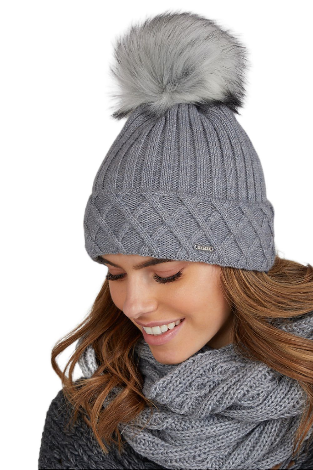 Elegant Kamea women's Messina winter hat with plush pompom, crafted from high-quality wool-acrylic blend, showcasing superior warmth and style for the winter season.