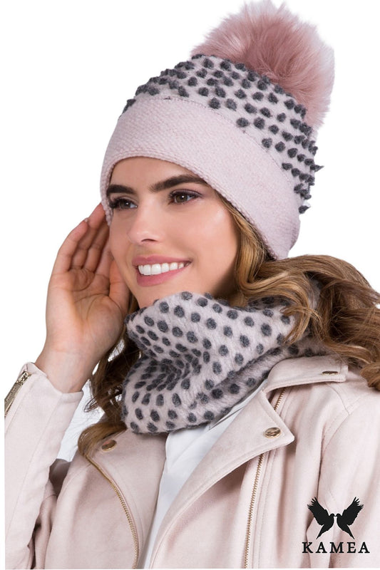 Luxurious Kamea women's autumn winter set featuring a stylish pink wool hat with soft fleece lining and an ECO pom-pom, perfect for chilly weather.