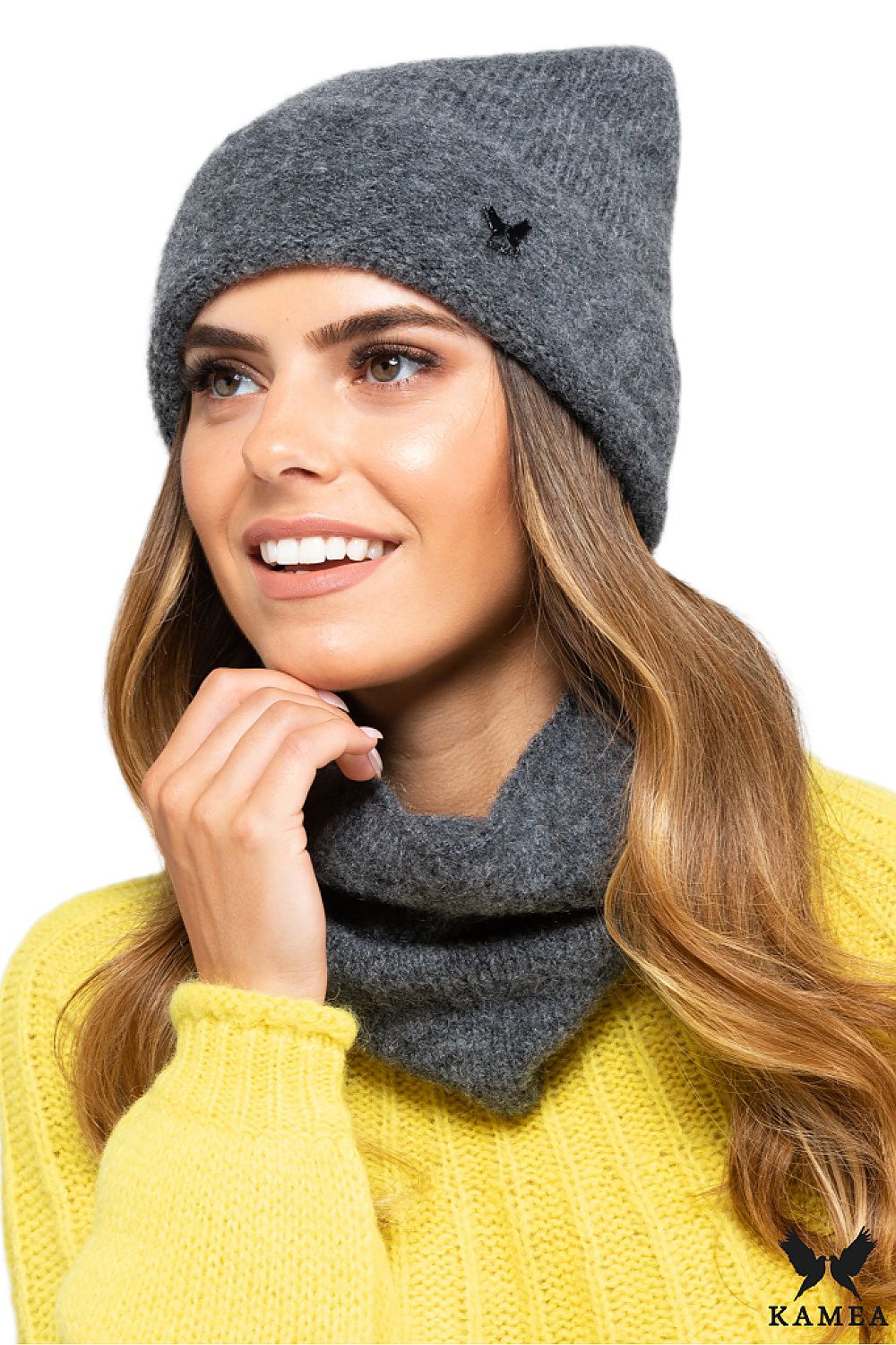 Kamea Premium Graphite Women's Hat showcasing elegant design and unique shape with high-quality yarn, perfect for autumn-winter fashion.