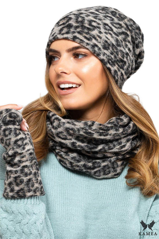 Premium Kamea women's winter hat in dark navy blue featuring a stylish leopard print pattern and luxurious cotton lining, perfect for sophisticated winter fashion.