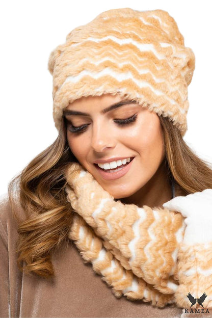 Premium Vermont Women's Winter Set featuring luxurious beige fur and soft polar fleece lining for unparalleled warmth and style, designed by Kamea.