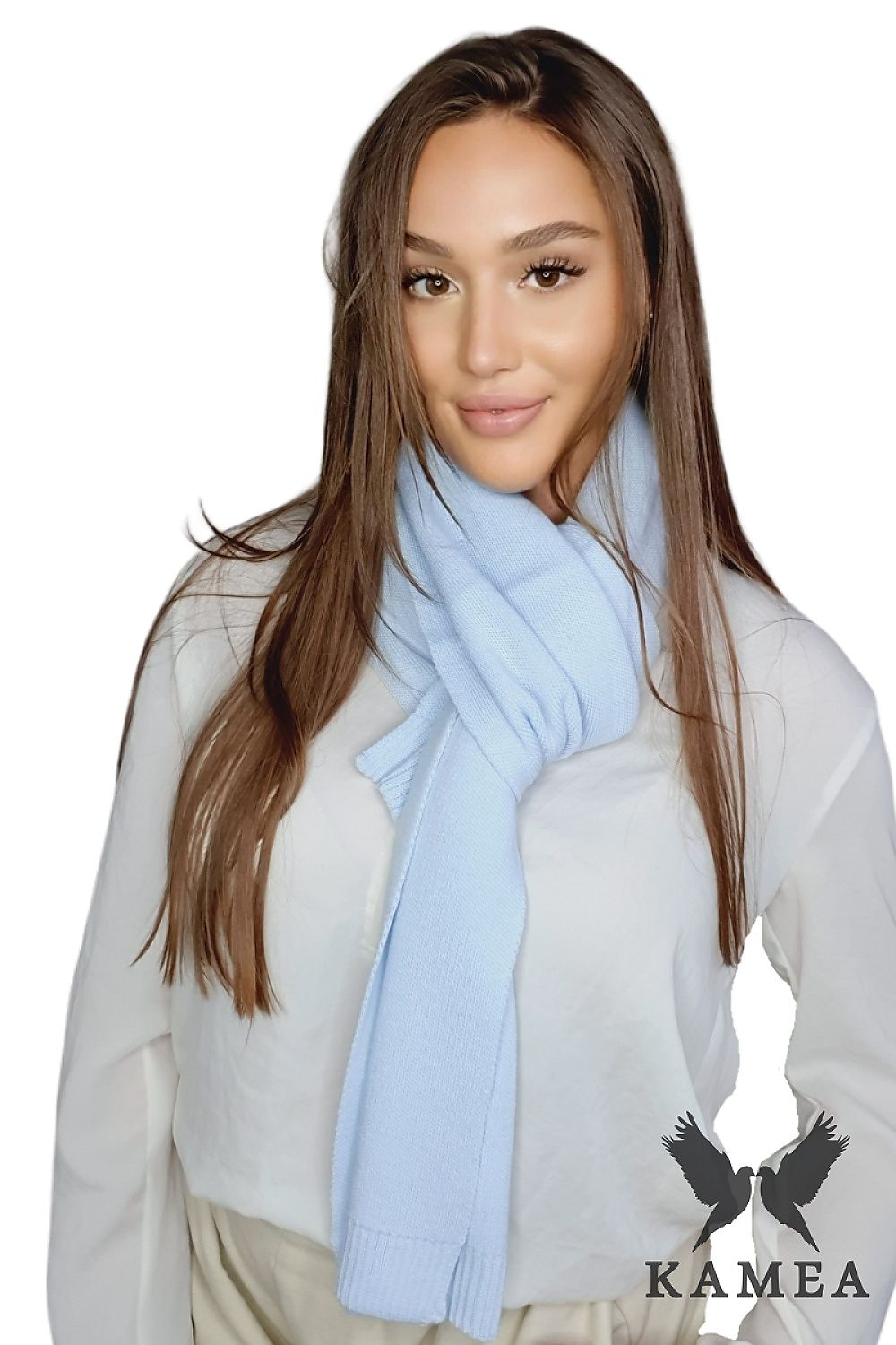 Elegant Premium Women's Blue Shawl by Kamea - Luxurious winter scarf made from a soft wool blend, ideal for stylish autumn-winter outfits.