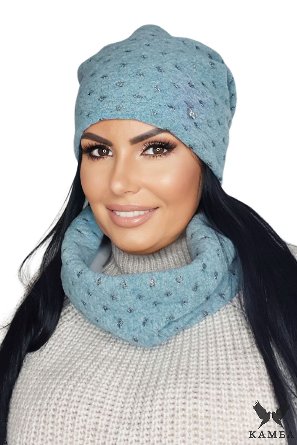 Luxury premium women's turquoise hat and scarf set by Kamea, showcasing intricate patterns and high-quality craftsmanship.