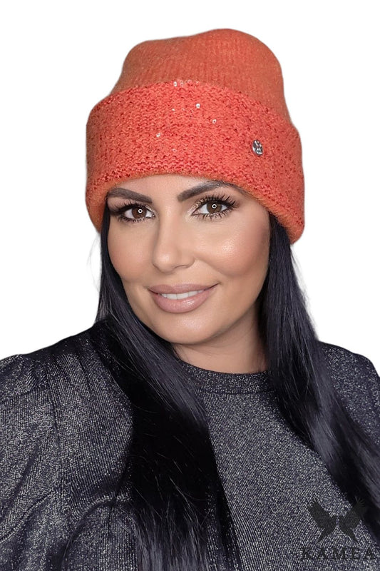 Premium Kamea Women's Orange Hat featuring shiny elements and trendy fold design, perfect for autumn-winter styling.