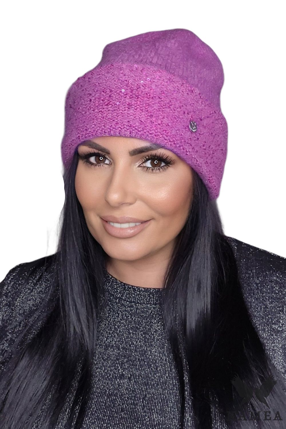 Elegant Kamea women's orange hat featuring shiny elements and trendy fold design for warmth and style during autumn-winter.