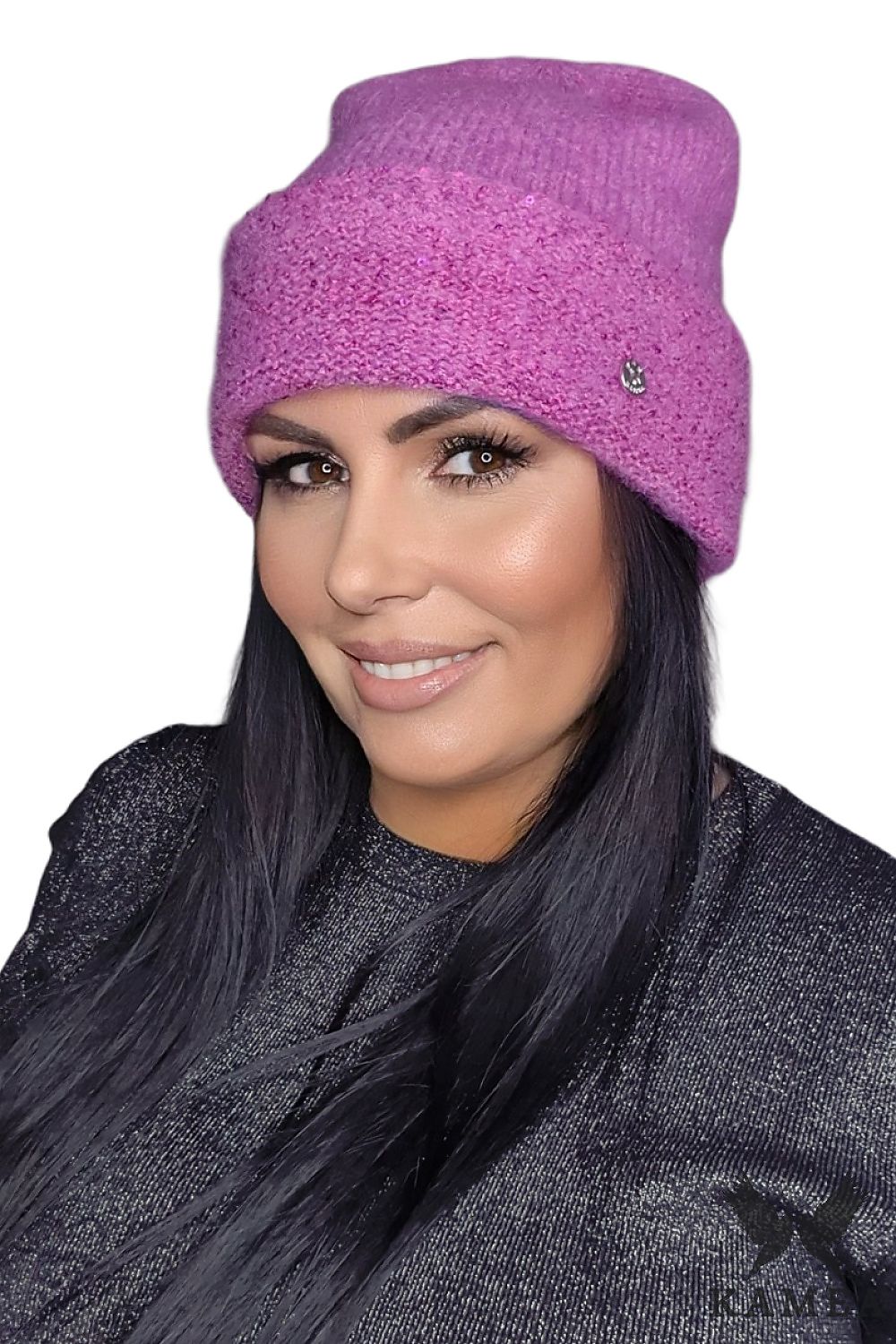 Luxurious Kamea Kirke women's orange hat crafted from high-quality yarn, adorned with glimmering accents and a chic fold, perfect for cold days.
